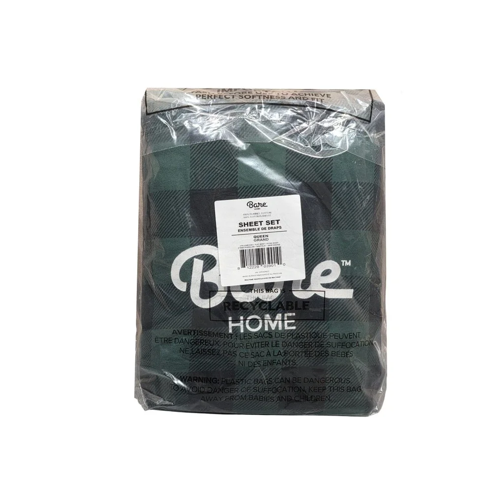 Bare Home Flannel Sheet Set‎ Queen Green Black Buffalo Check Plaid 100% Cotton